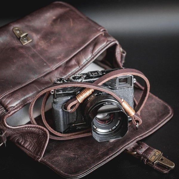 Real Pull-Up Waxed Leather Camera Strap- Dark Brown 10mm