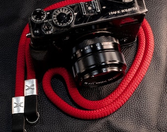 X Red Rope - Black Leather Camera Strap - Silver X