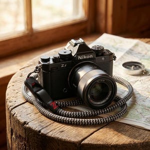 Könnte beinhalten: Eine schwarze Nikon Zf spiegellose Kamera mit Objektiv, strukturiertem Gehäuse und silbernen Einstellrädern. Ein grau-schwarz gemusterter Seil-Kameragurt mit einem schwarz-roten Verbindungsstück liegt um das Kameragehäuse auf einer Holzoberfläche.