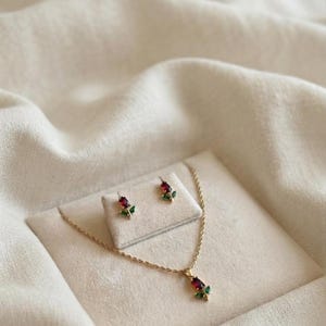 Ruby Tulip Jewelry Set, 925 Sterling Silver Gold Plated, Ruby Necklace and Stud Earrings, Floral Jewelry Set, Gift for Her
