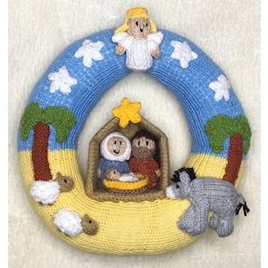 KNITTING PATTERN - Christmas Bethlehem Nativity Wreath Hanging Decoration 22 cms