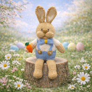 May include: A knitted bunny rabbit toy with long ears, wearing blue dungarees and a yellow bow tie, holding a small orange carrot. The bunny is sitting on a tree stump in a field of flowers, with Easter eggs in the background.