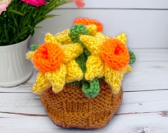 KNITTING PATTERN - Easter Daffodil Pot Choc Orange cover / 15 cms Welsh St David toy