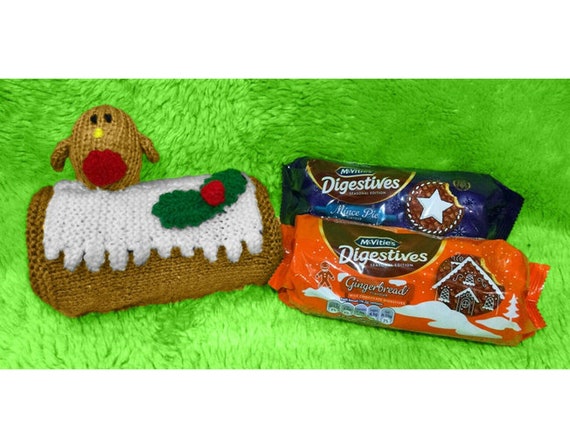Knitting Pattern-Natale Yule log con Robin BISCOTTI Buscuit titolare 16cms 