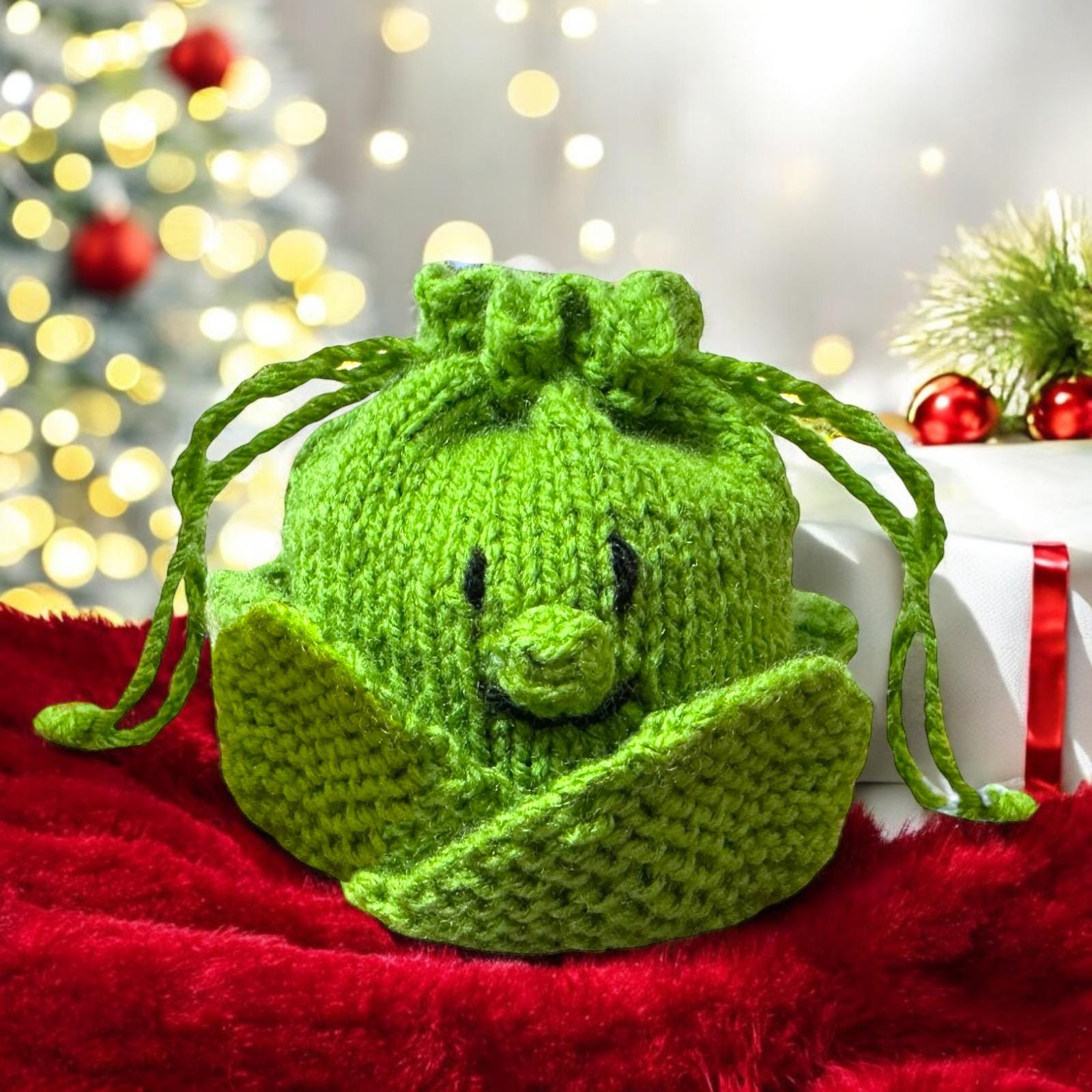 KNITTING PATTERN - Christmas Sprout Drawstring Gift Bag 10cms Choc