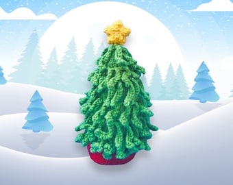 Könnte beinhalten: Ein grüner gehäkelter Weihnachtsbaum mit einem gelben Stern oben, der auf einem roten Sockel steht. Der Baum befindet sich in einer verschneiten Winterlandschaft.