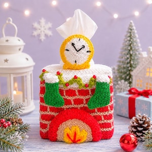 May include: A crocheted tissue box cover designed as a red brick fireplace with a tan hearth and yellow flames. It features two green stockings, a green garland with red beads, and a yellow clock face on top with a white tissue protruding.