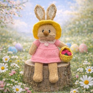 May include: A knitted bunny wearing a pink dress and yellow hat, holding a yellow basket of flowers. The bunny sits on a tree stump in a field of daisies and Easter eggs.