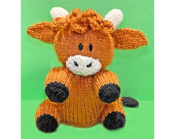 KNITTING PATTERN - Highland Cow Choc Orange cover / 15 cms Farm Animal toy