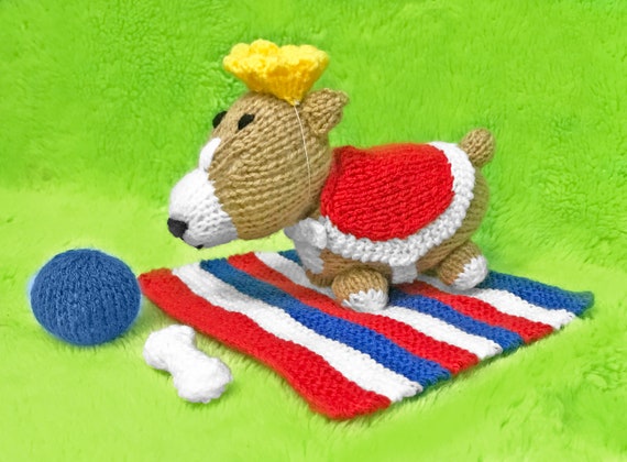 KNITTING PATTERN Royal Queen's Corgi Playset Soft Plush 12cms Toy, ball,  bone