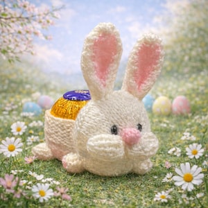 Könnte beinhalten: Ein gestrickter weißer Osterhase mit rosa Innenohren und Nase, der einen Korb mit einem goldverpackten Schokoladenei hält. Der Hase befindet sich in einem Feld mit Gänseblümchen und Ostereiern.