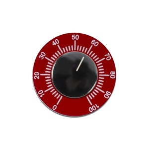 May include: Red circular timer with white numbers from 0 to 100. The timer has a black dial with a white pointer.