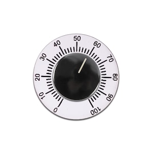 May include: A white circular timer with black markings and numbers from 0 to 100. The timer has a black face with a white needle.
