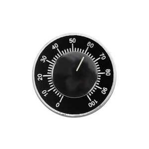 May include: A black and silver round dial with white numbers from 0 to 100. The dial has a black center with a white pointer.