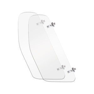 May include: Two clear plastic wind deflectors with metal hinges. The deflectors are designed to be mounted on a vehicle.