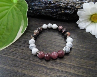 Pulsera de Ansiedad, Calmante, Curativa, Howlita, Rodonita, Lepidolita.