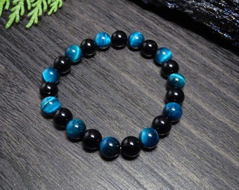 Tigers eye beaded gemstone bracelet, Onyx protection bracelet, valentines day gift for her, gift for men, witchy gift, stacking bracelet