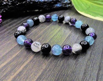 Protection Bracelet, amethyst bracelet, Onyx, Fluorite, Black Tourmaline Quartz, crystal healing bracelet, valentines gifts for women
