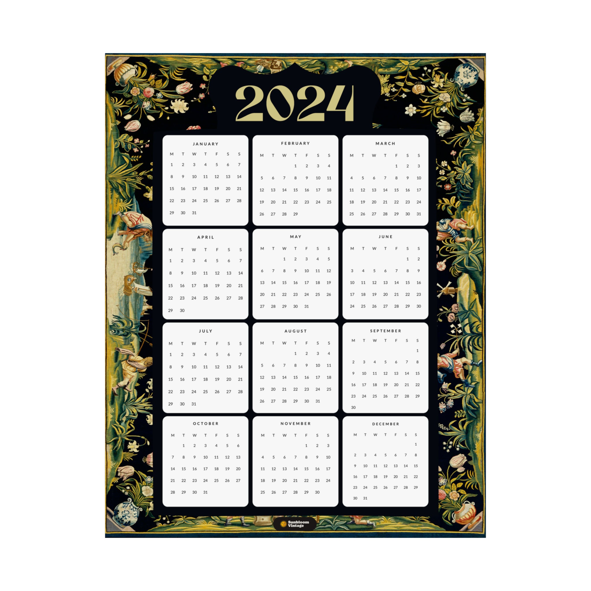 2024 Year at a Glance Wall Calendar MONDAY Start Whimsical Art Large