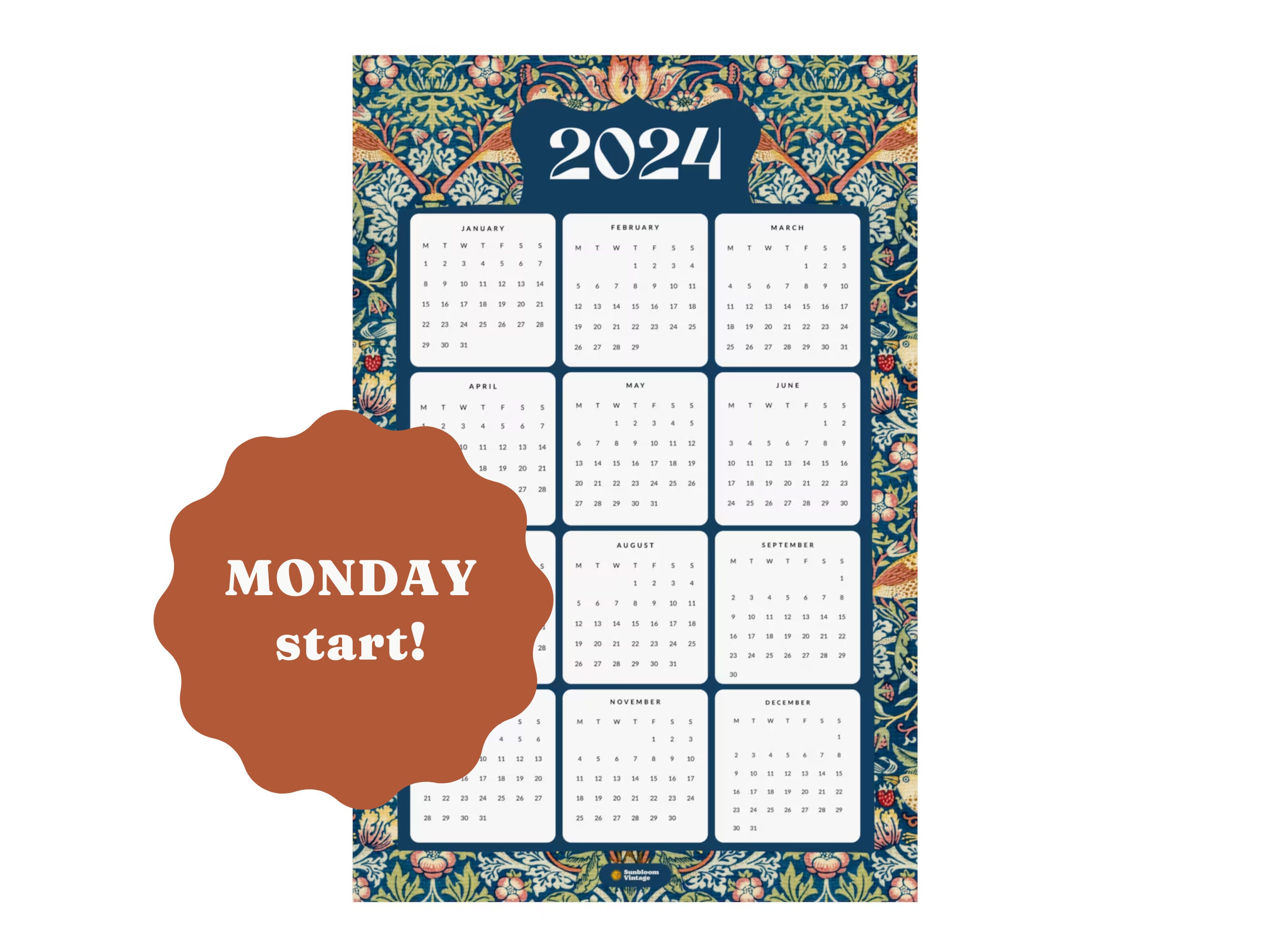 2024 Year at a Glance Wall Calendar MONDAY Start William Morris Art Office Friendly Large