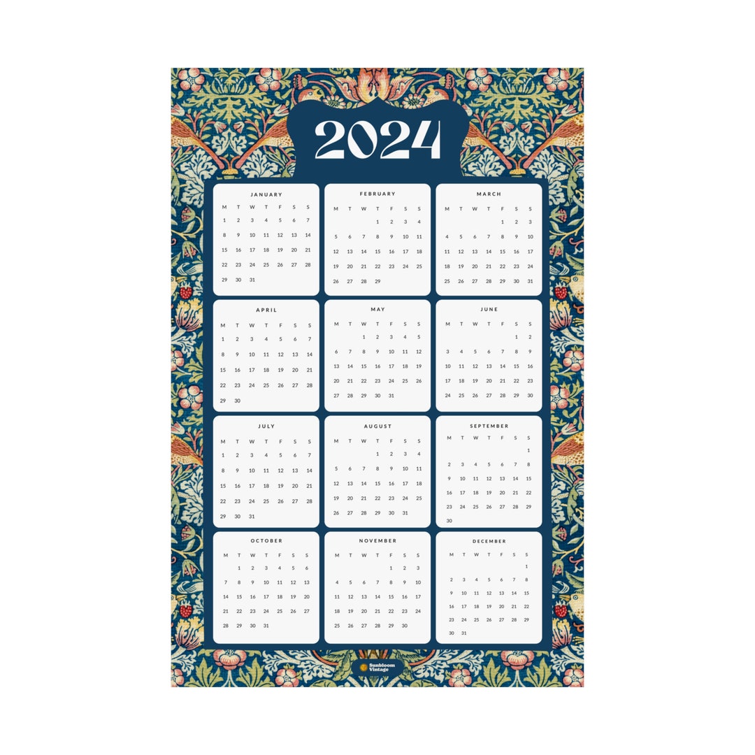 2024 Year at a Glance Wall Calendar William Morris Art Office Friendly
