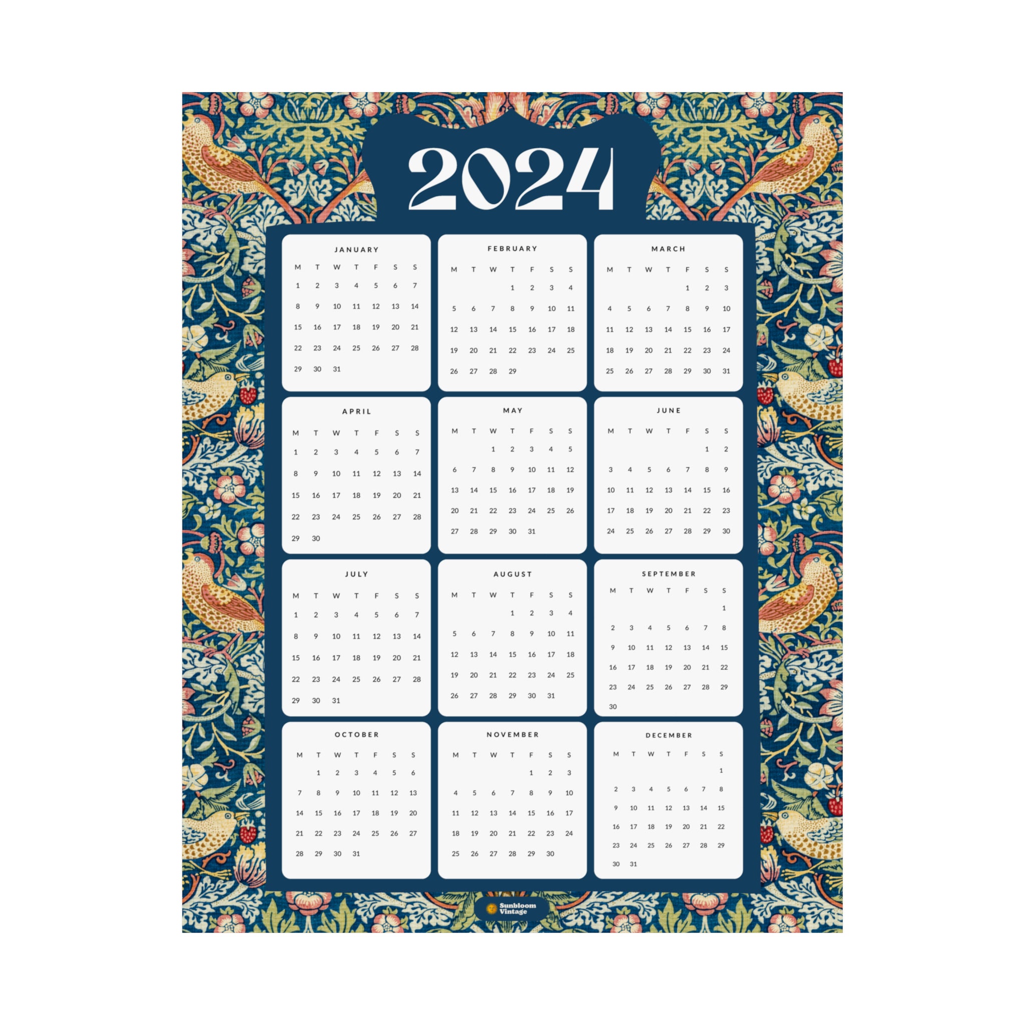 2024 Year at a Glance Wall Calendar MONDAY Start William Morris Art