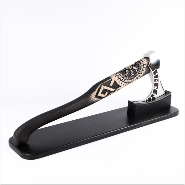 Custom axe stand, Handmade viking axe holder, Engraved axe display, Axe display stand, Axe accessories