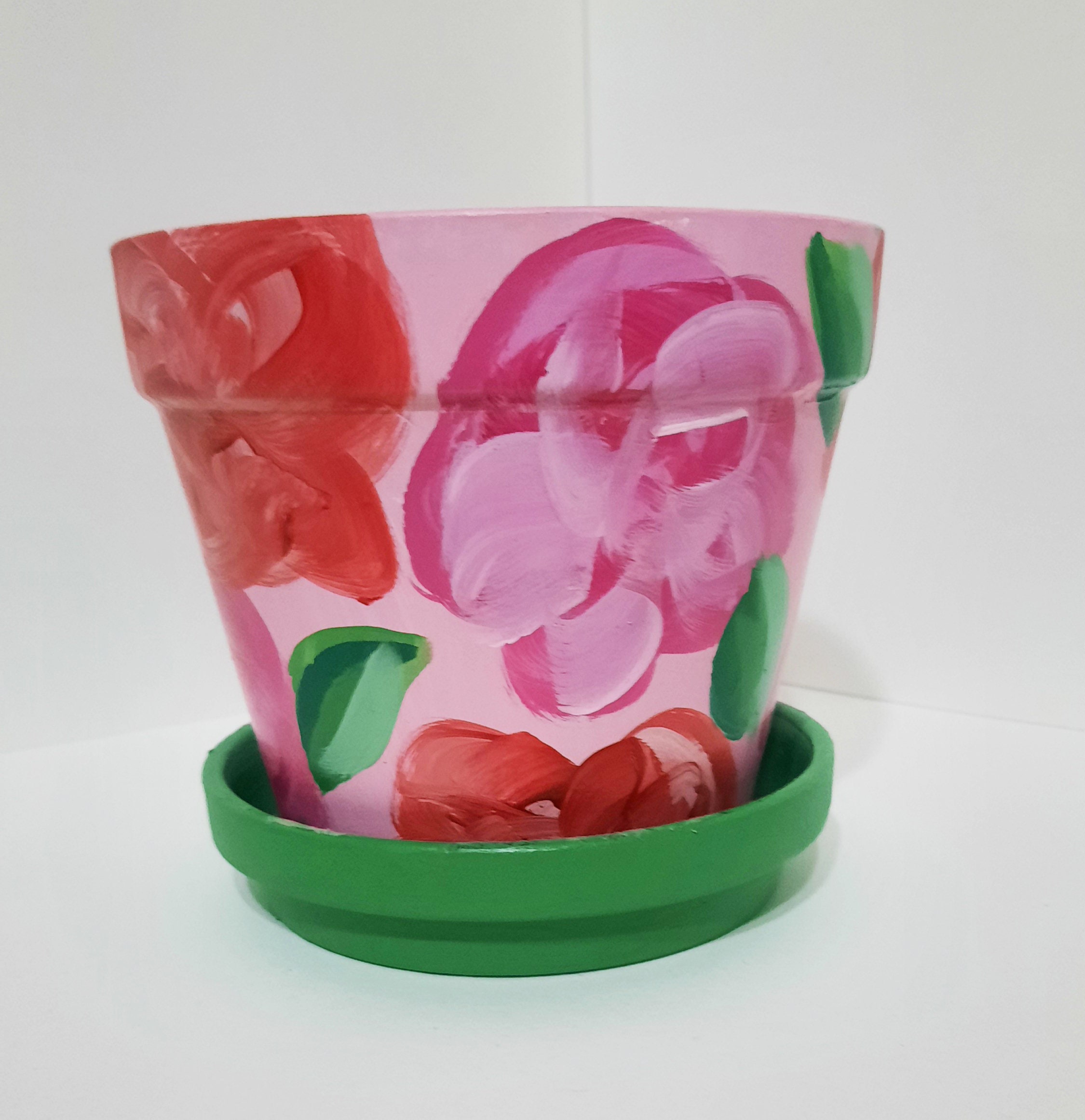 Pink Floral Painted Terra Cotta Pot