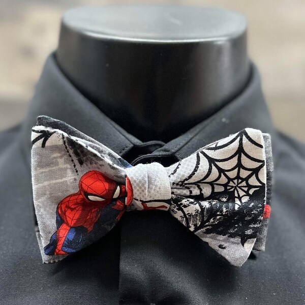 thumbnail interactive-video image 1 of Handmade Spiderman Bow Tie Necktie For Baby – Blue Cotton, Marvel Comics Costume Accessory 1 of 4