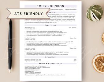May include: A resume template with the name "Emily Johnson" at the top. The document includes sections for experience, education, and skills. A black pen is on the left side, and decorative items are on the right.