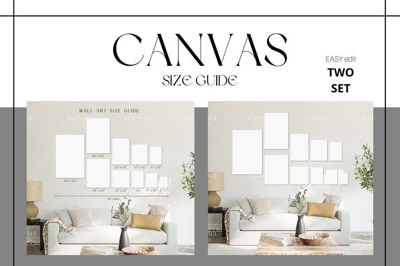 Two Set Canvas Size Guide, JPG, PDF, Canva, Wall Art Size Guide, Print