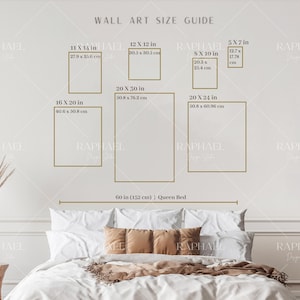 Guía de tamaños de arte de pared, Guía de tamaños de marco vertical, Guía de tamaños de impresión, Tabla de tamaños de póster, Guía de exhibición de pared, Guía de tamaños de obras de arte, Cama, Pulgadas, Cm