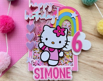 Rainbow Kitty Cake Topper, Happy Birthday Pink Kitty Cake Topper Decor