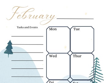 May include: A printable February calendar planner with a wintery theme. The calendar has a blue and white background with a snowy mountain range and pine trees. The days of the week are listed in a grid format with space for writing tasks and events.