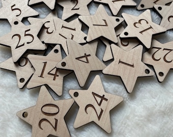 25 Reuseable Wooden Christmas Advent Calendar Star Tags, DIY Advent Calendar, 25 Days Until Christmas, Christmas Number Tags