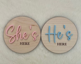 He's Here & She's Here Wooden Disc, Gender Reveal, Baby Arrival, Social Media Photo Prop, New Mum, Expecting Parent