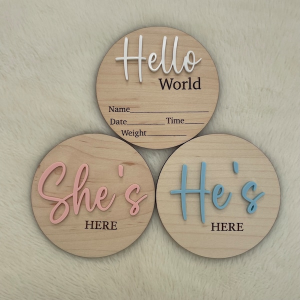 HOSPITAL BAG PACKAGE Hello World, He's Here & She's Here Wooden Disc, Gender Reveal, Baby Arrival, New Mum, Expecting Parent, Social Media