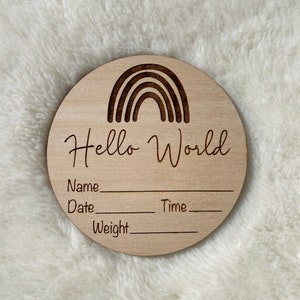 Hello World Birth Announcement Wooden Disc, Baby Arrival, Social Media Photo Prop, New Mum