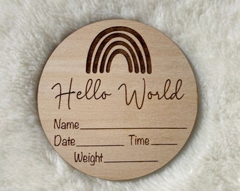 Hello World Birth Announcement Wooden Disc, Baby Arrival, Social Media Photo Prop, New Mum