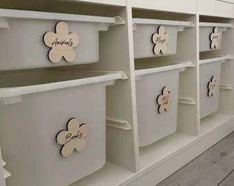 Wooden Flower Toy Box Storage Labels, Playroom, Nursery, Ikea Trofast Unit