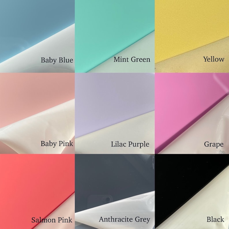 May include: Nine color swatches of acrylic paint in various shades of blue, green, yellow, pink, purple, and grey. The colors are arranged in a 3x3 grid.