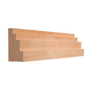 May include: A light-colored, unfinished wooden display shelf with four stepped levels. The shelf is made of solid wood and is designed to showcase small items. The natural wood grain is visible, and the shelf is ready for staining or painting.