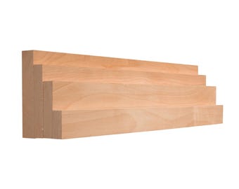 May include: A light-colored, unfinished wooden display shelf with four stepped levels. The shelf is made of solid wood and is designed to showcase small items. The natural wood grain is visible, and the shelf is ready for staining or painting.