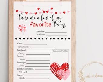 Teacher Favorite Things List. All About My Teacher. Teacher Gift Ideas. Valentines Day Teacher Gifts. Instant Download. Digital Print.