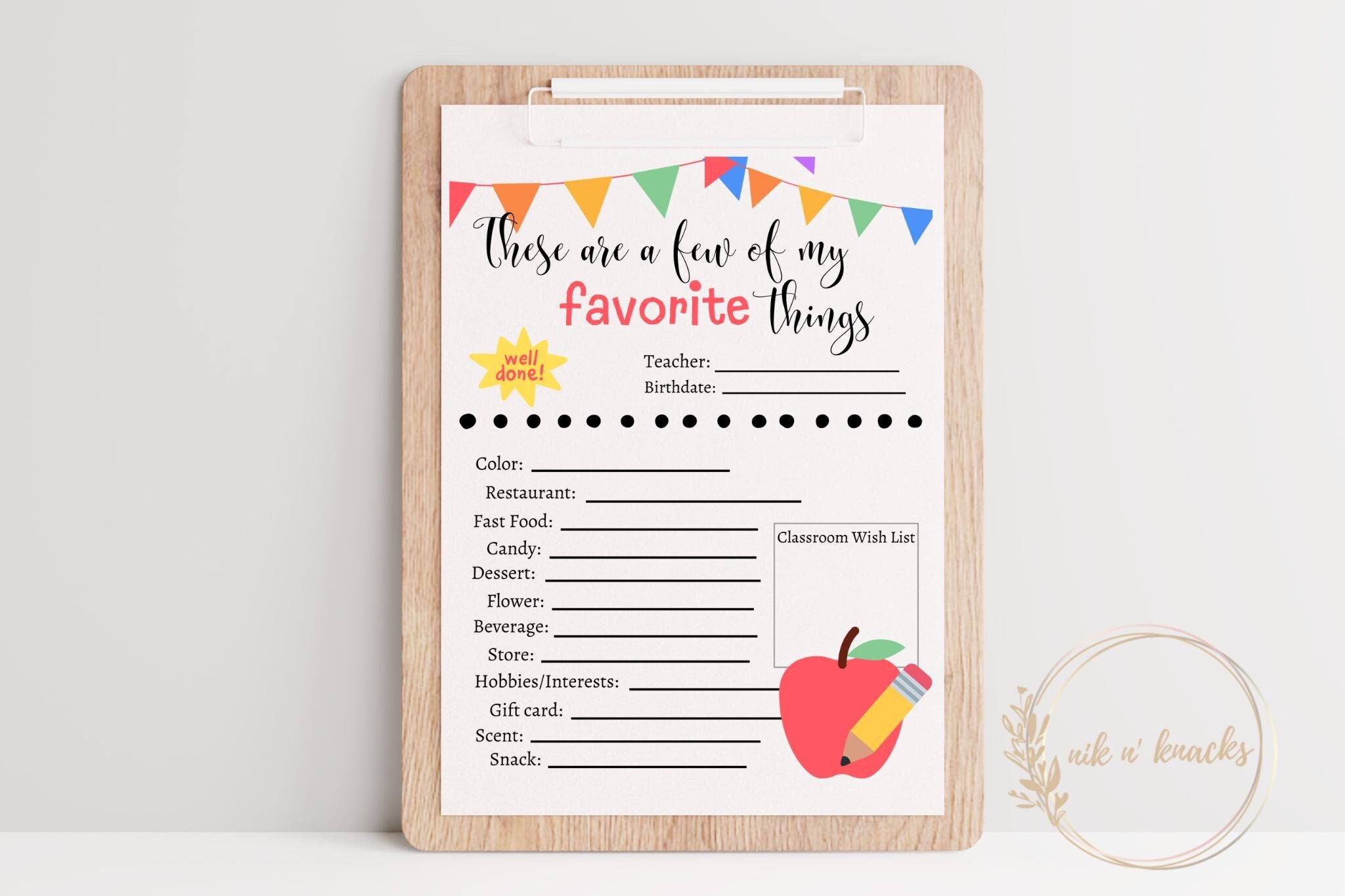 Teacher Favorite Things List. All About My Teacher. Teacher Gift Ideas. Instant download. Digital Print.