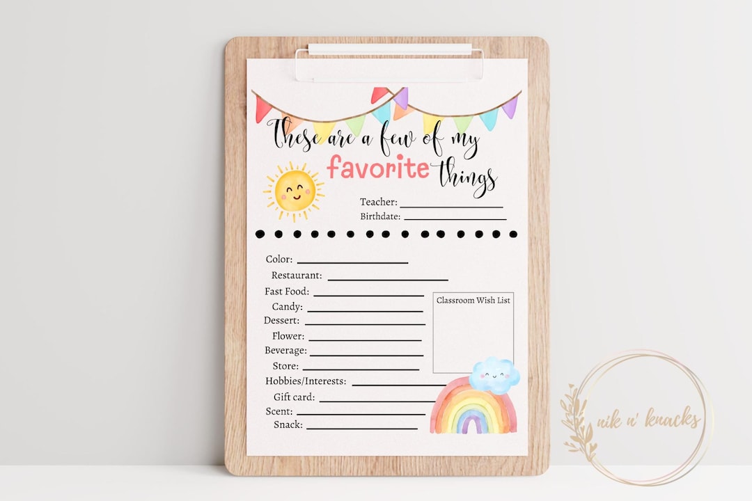 Teacher Favorite Things List. All About My Teacher. Teacher Gift Ideas ...