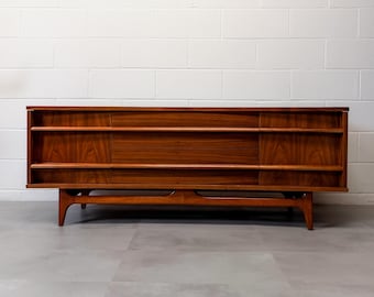 Restored Mid Century Modern Walnut Bow Front Credenza | Young Manufacturing Sideboard Buffet Media Console