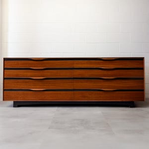 May include: A long, rectangular wooden dresser featuring eight drawers arranged in two columns of four. The dresser has a warm brown wood grain finish, integrated curved drawer pulls, and a black base. The drawers are separated by thin black horizontal lines.