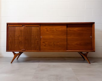 Restored Mid Century Modern Walnut Tambour Kagan Style Credenza | Sideboard Buffet Media Console