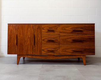 Restored Mid Century Modern Walnut Bow Front Credenza | Young Manufacturing Sideboard Buffet Media Console